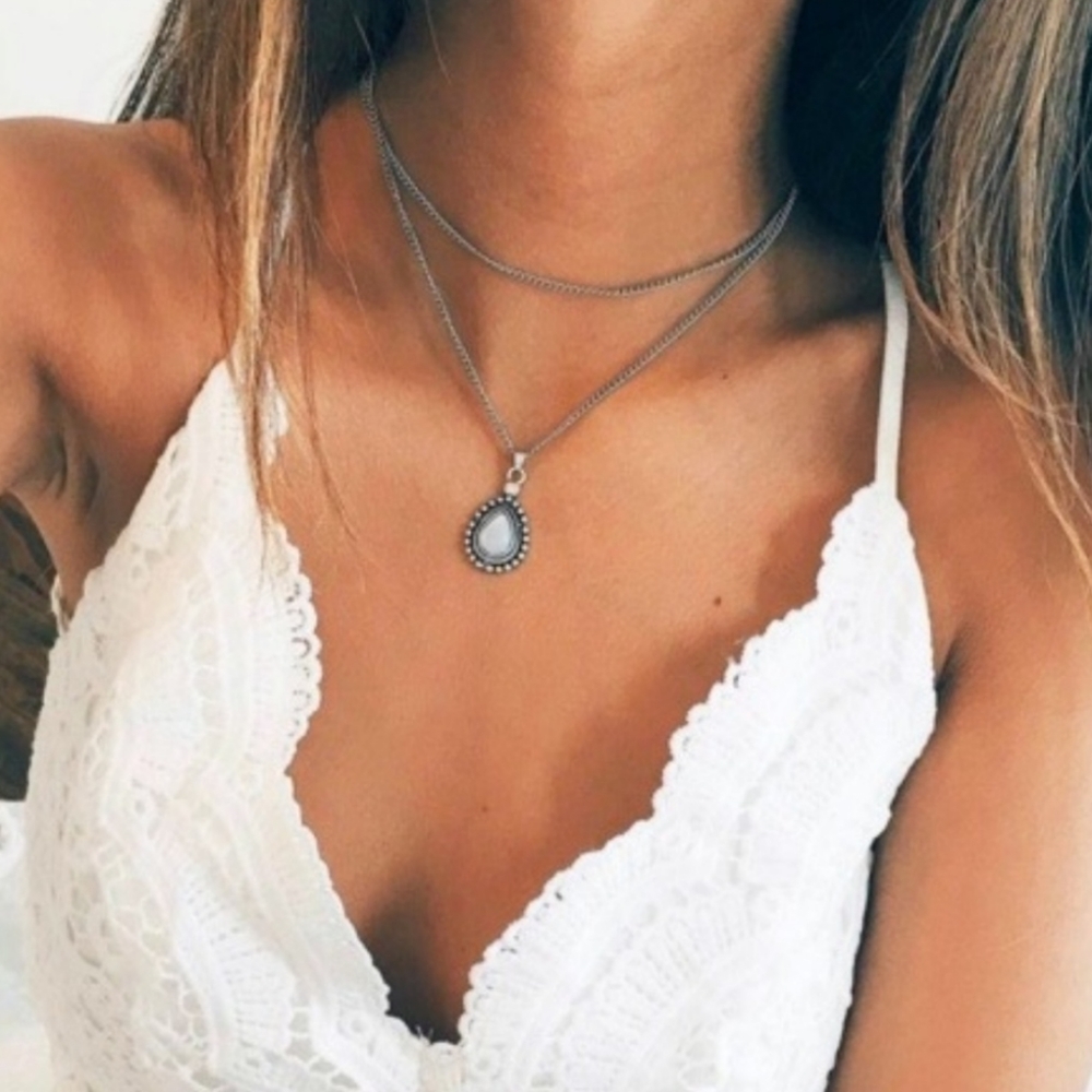 Boho Double Chain Tear Drop Pendant Necklace